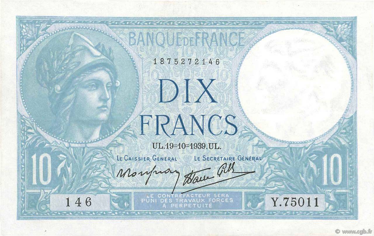 10 Francs MINERVE modifié FRANCE  1939 F.07.12 XF-