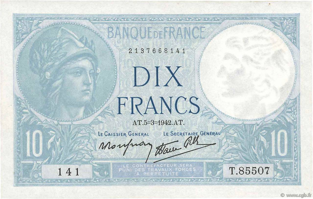 10 Francs MINERVE modifié FRANCIA  1942 F.07.31 EBC