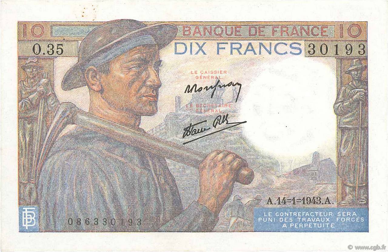 10 Francs MINEUR FRANCIA  1943 F.08.07 SPL