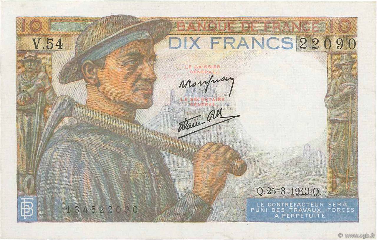 10 Francs MINEUR FRANCE  1943 F.08.08 XF+