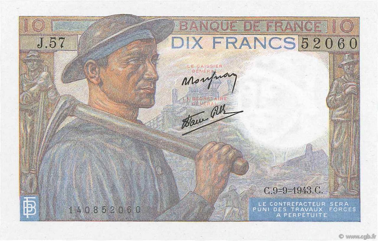 10 Francs MINEUR FRANCE  1943 F.08.09 UNC