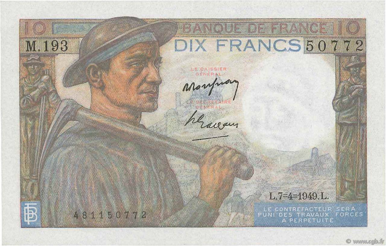 10 Francs MINEUR FRANCE  1949 F.08.21 XF+