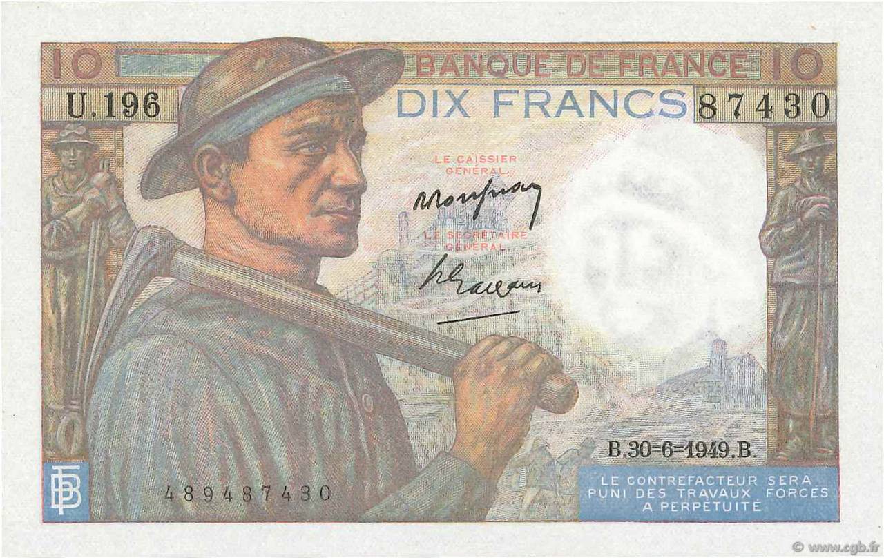 10 Francs MINEUR FRANCE  1949 F.08.22 AU-