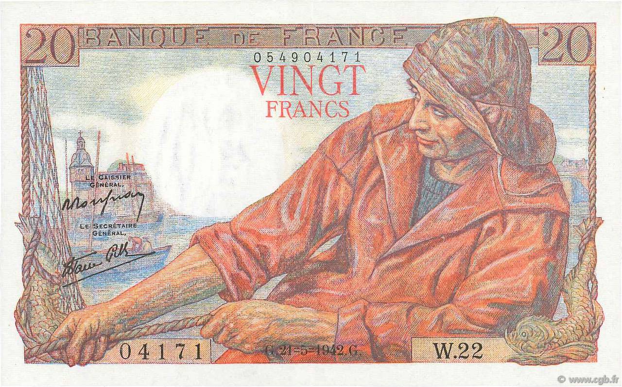20 Francs PÊCHEUR FRANCE  1942 F.13.02 XF