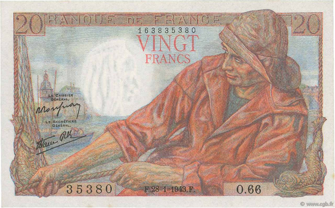 20 Francs PÊCHEUR FRANCIA  1943 F.13.05 q.FDC