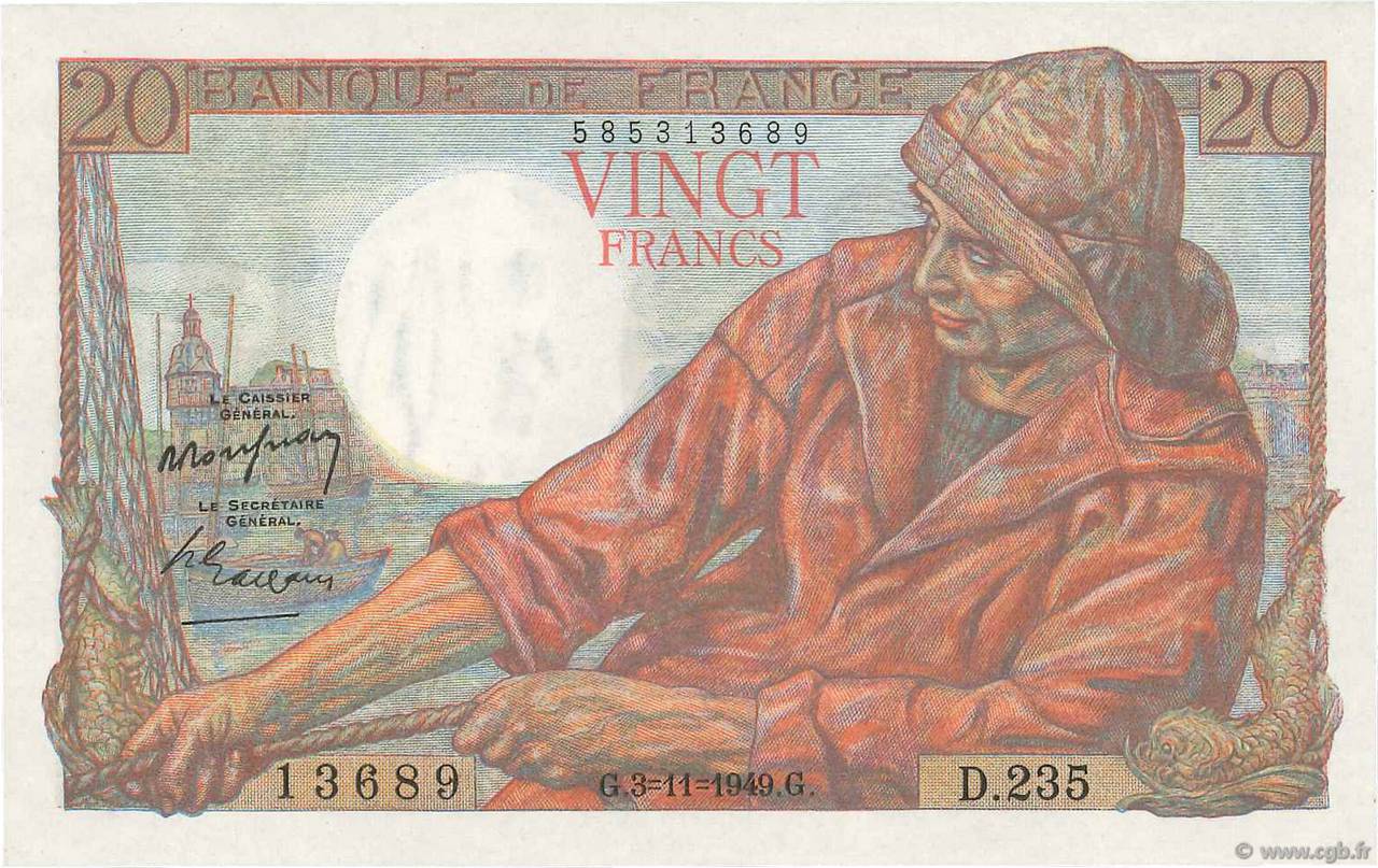 20 Francs PÊCHEUR FRANCIA  1949 F.13.16 q.FDC