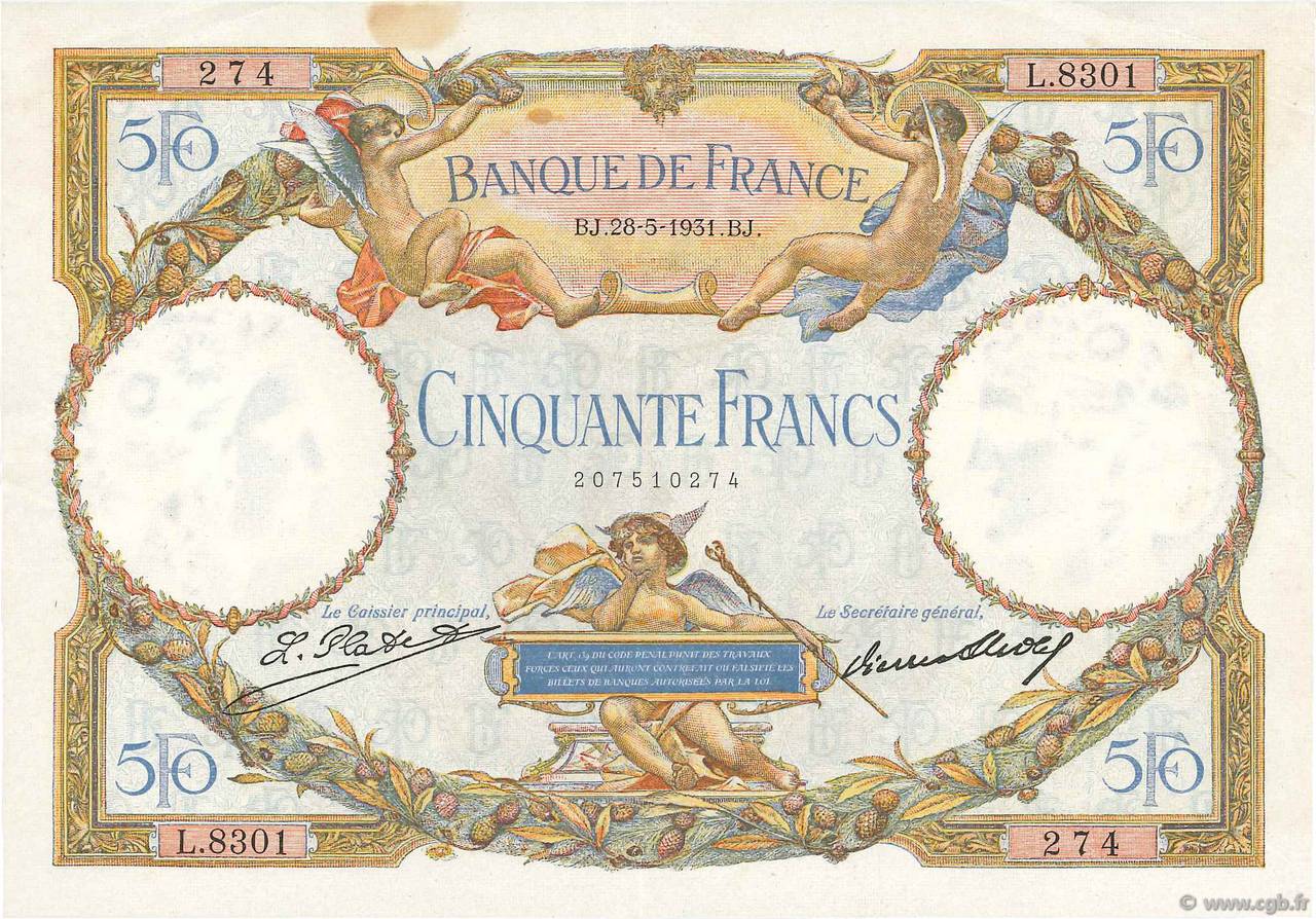 50 Francs LUC OLIVIER MERSON type modifié FRANCIA  1931 F.16.02 MBC+