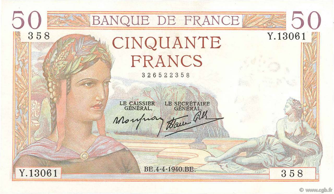 50 Francs CÉRÈS modifié FRANCE  1940 F.18.42 SUP