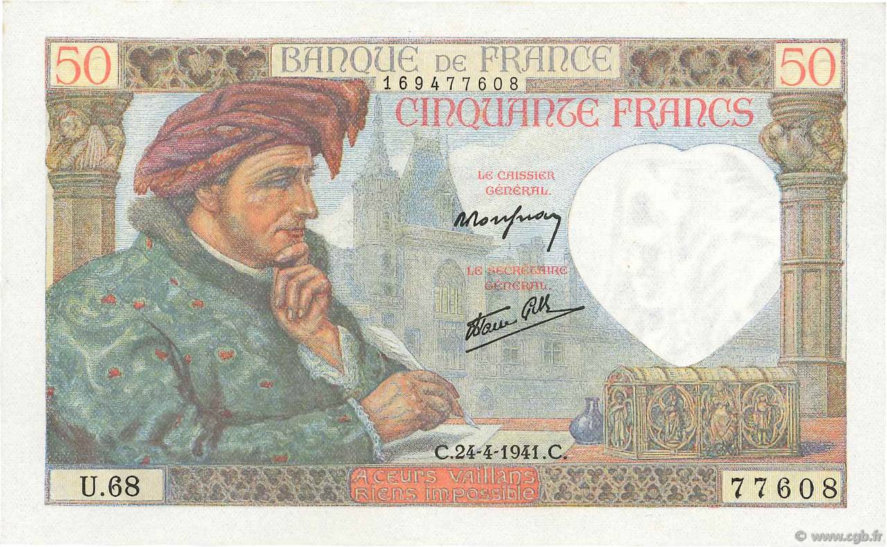 50 Francs JACQUES CŒUR FRANCE  1941 F.19.09 pr.NEUF