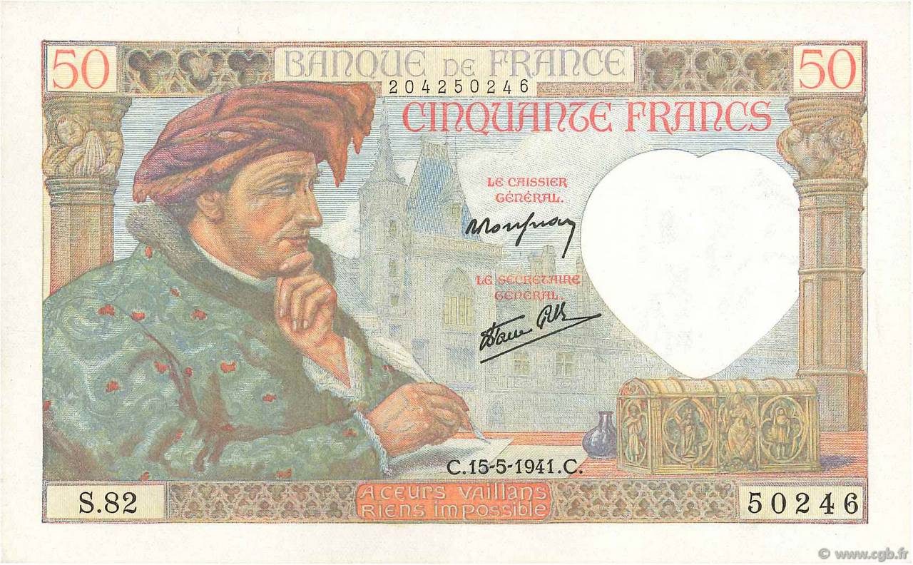 50 Francs JACQUES CŒUR FRANCIA  1941 F.19.11 q.AU