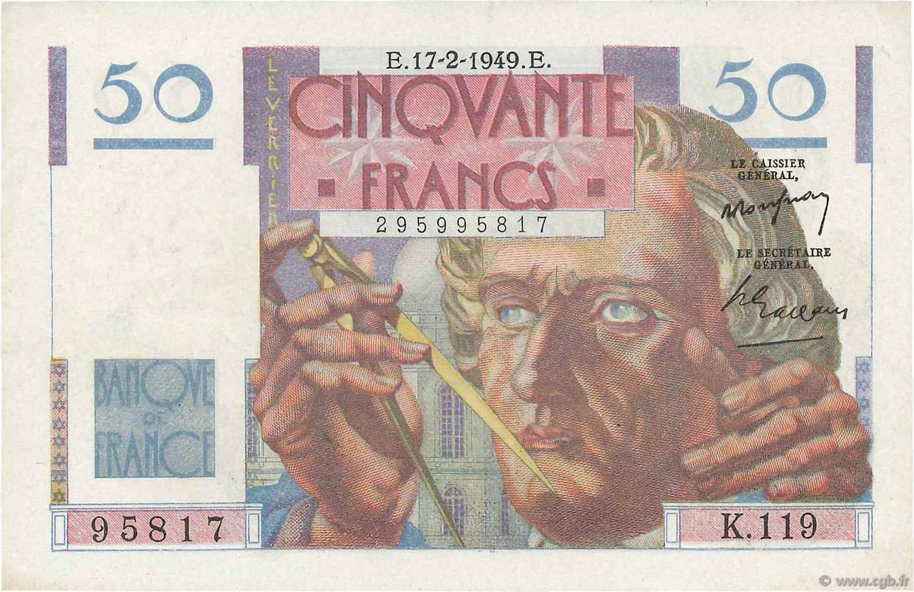 50 Francs LE VERRIER FRANCIA  1949 F.20.11 MBC+