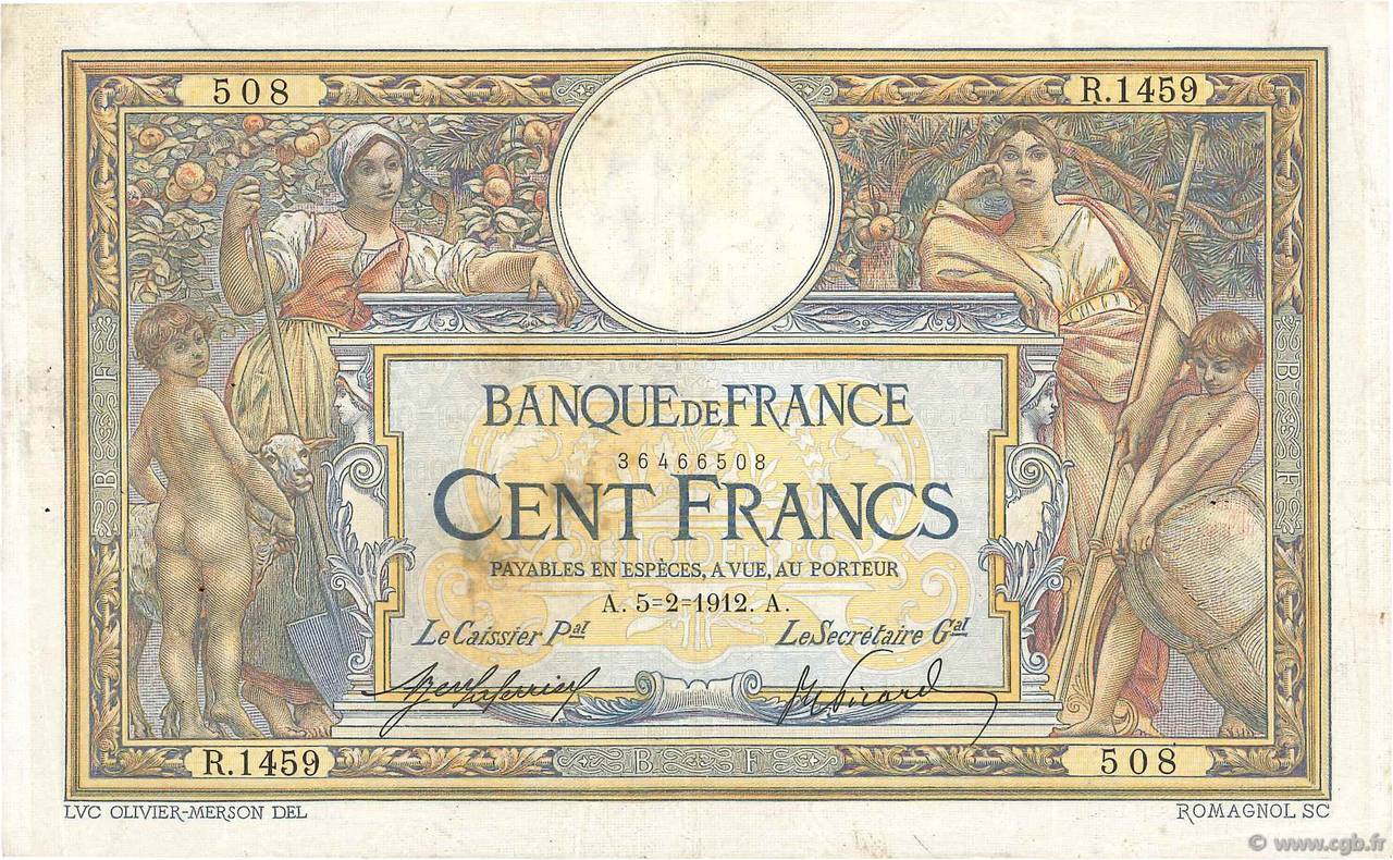 100 Francs LUC OLIVIER MERSON sans LOM FRANCIA  1912 F.23.04 BC+