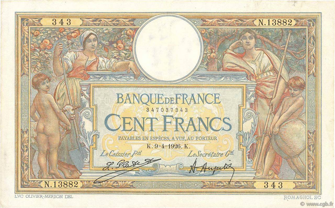 100 Francs LUC OLIVIER MERSON grands cartouches FRANCE  1926 F.24.04 VF