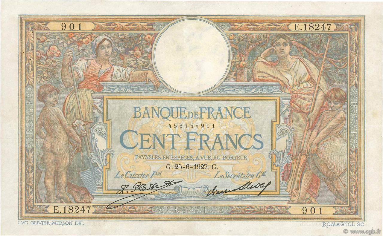 100 Francs LUC OLIVIER MERSON grands cartouches FRANCE  1927 F.24.06 TTB+
