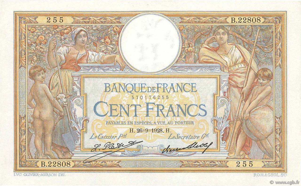 100 Francs LUC OLIVIER MERSON grands cartouches FRANCIA  1928 F.24.07 MBC+