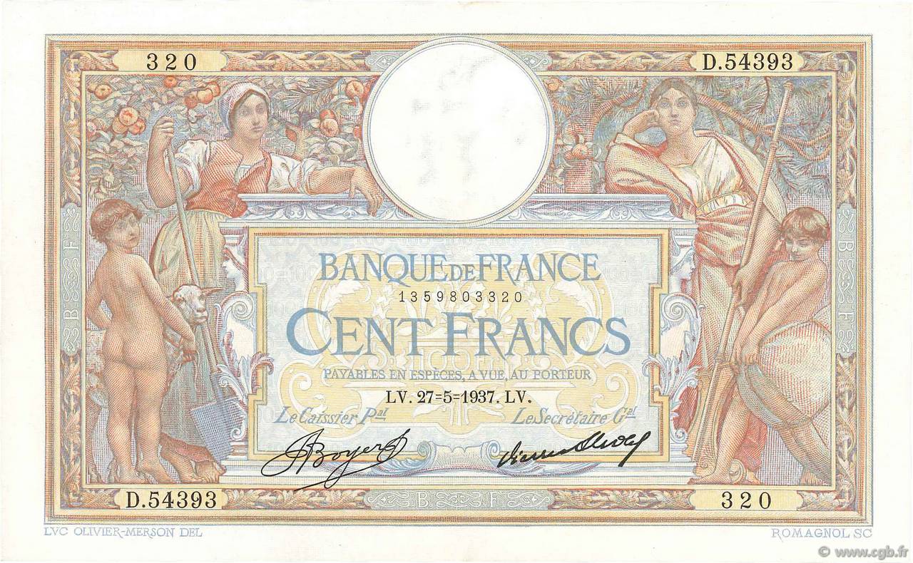 100 Francs LUC OLIVIER MERSON grands cartouches FRANCE  1937 F.24.16 AU-