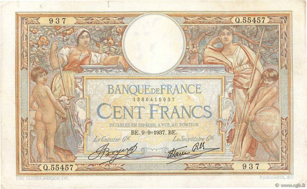 100 Francs LUC OLIVIER MERSON type modifié FRANCE  1937 F.25.01 F