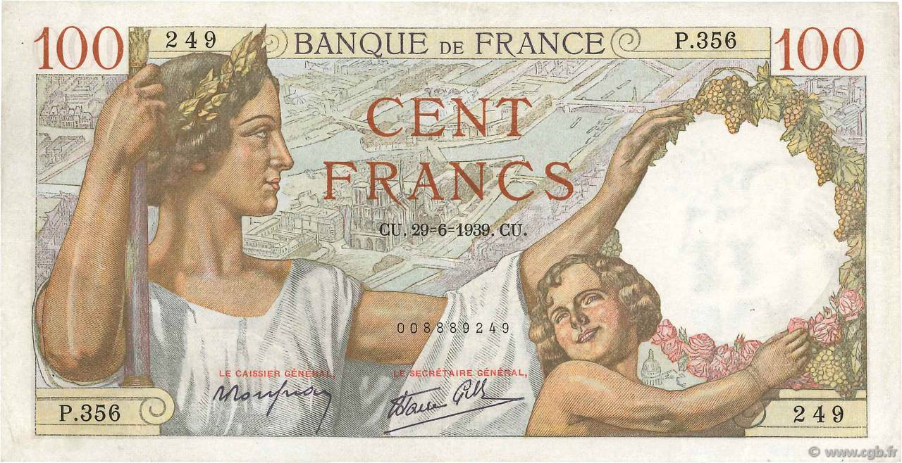 100 Francs SULLY FRANCE  1939 F.26.04 VF