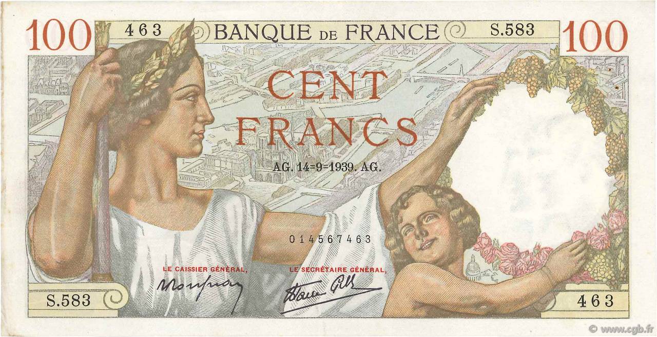 100 Francs SULLY FRANCE  1939 F.26.06 VF+