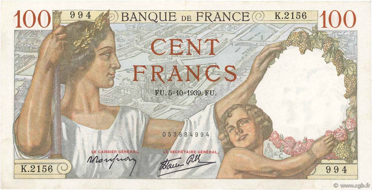 100 Francs SULLY FRANCE  1939 F.26.09 SUP