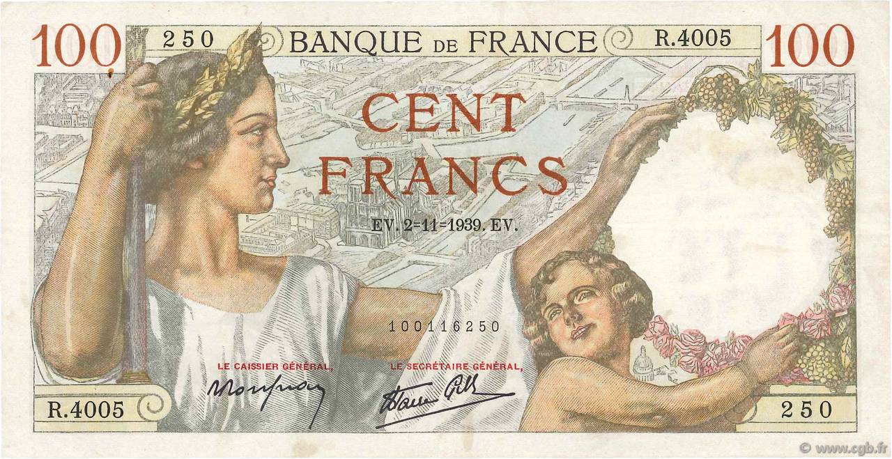 100 Francs SULLY FRANCE  1939 F.26.13 VF+