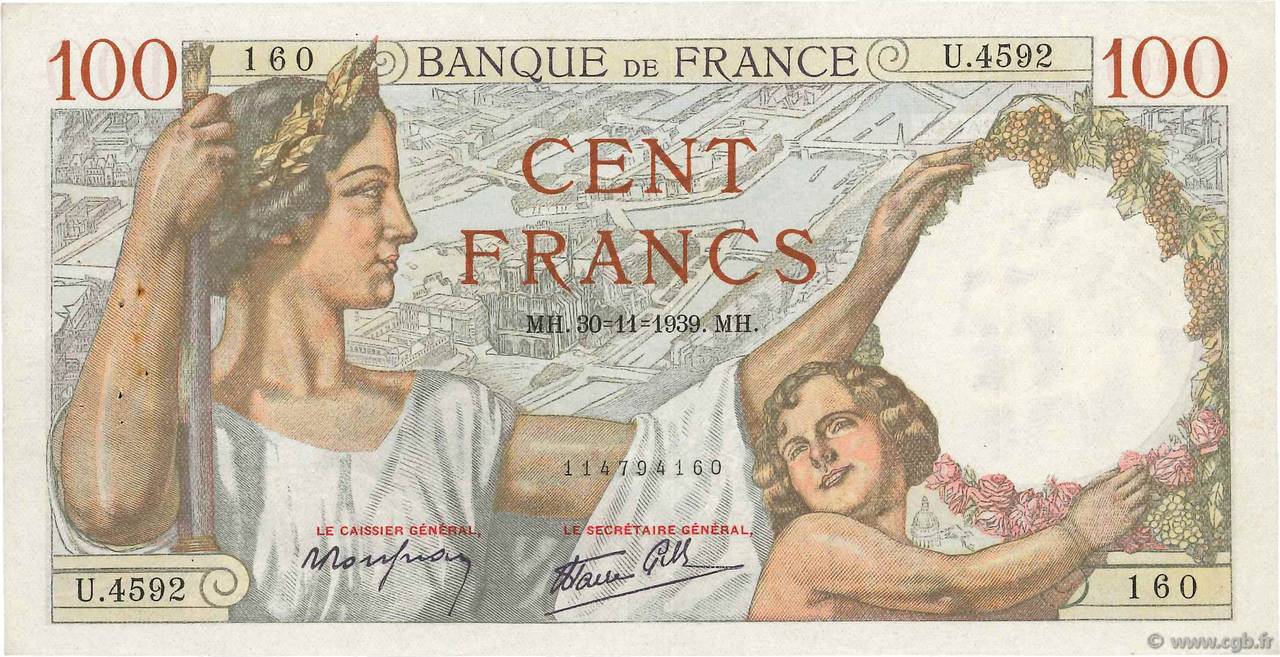 100 Francs SULLY FRANKREICH  1939 F.26.16 SS