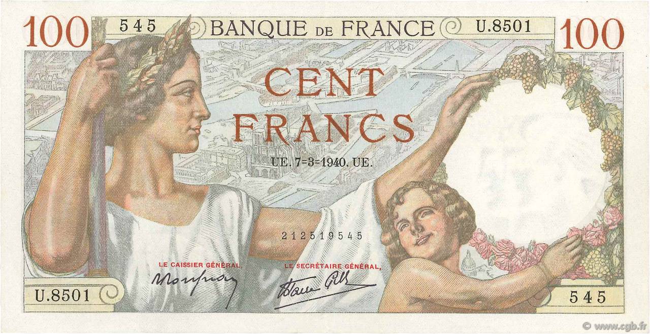 100 Francs SULLY FRANKREICH  1940 F.26.24 fST