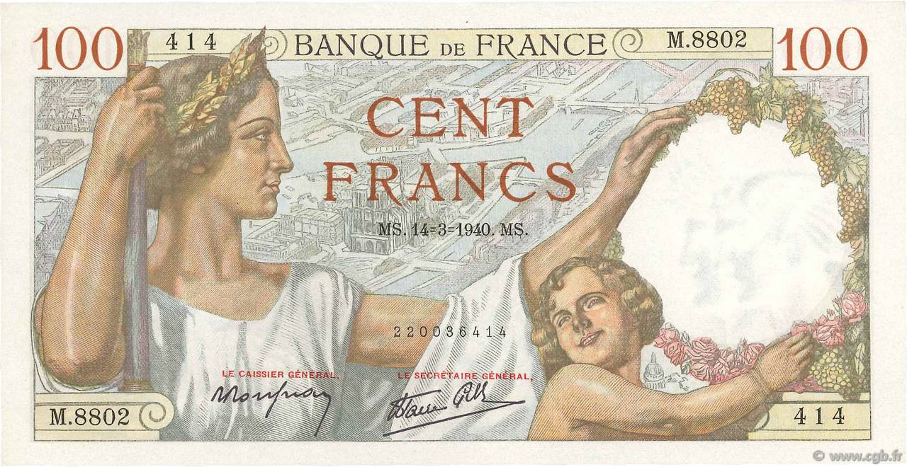 100 Francs SULLY FRANCIA  1940 F.26.25 AU+