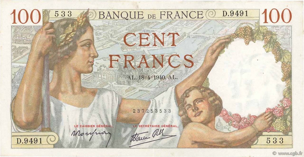 100 Francs SULLY FRANCE  1940 F.26.27 TTB+