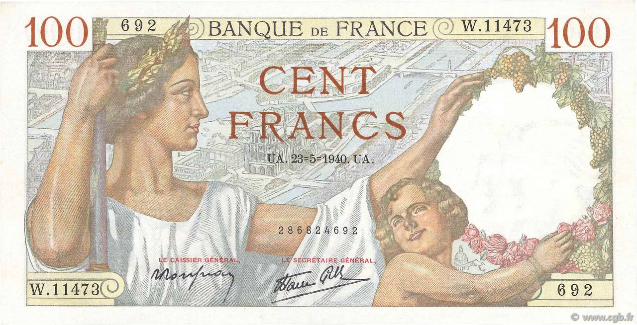 100 Francs SULLY FRANKREICH  1940 F.26.30 fST+