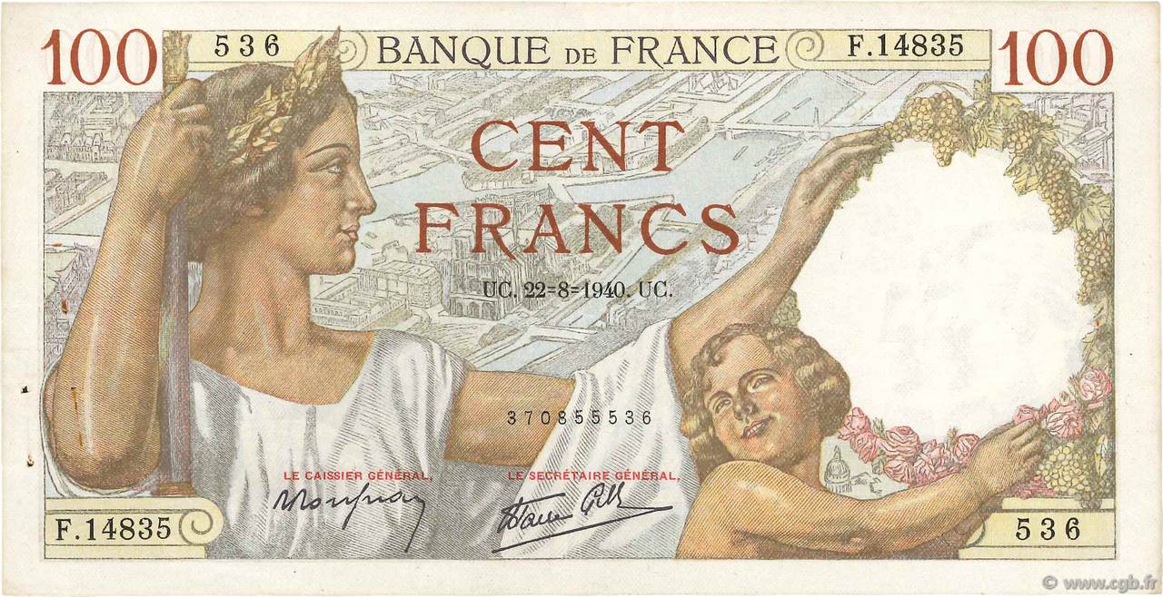 100 Francs SULLY FRANKREICH  1940 F.26.37 fVZ