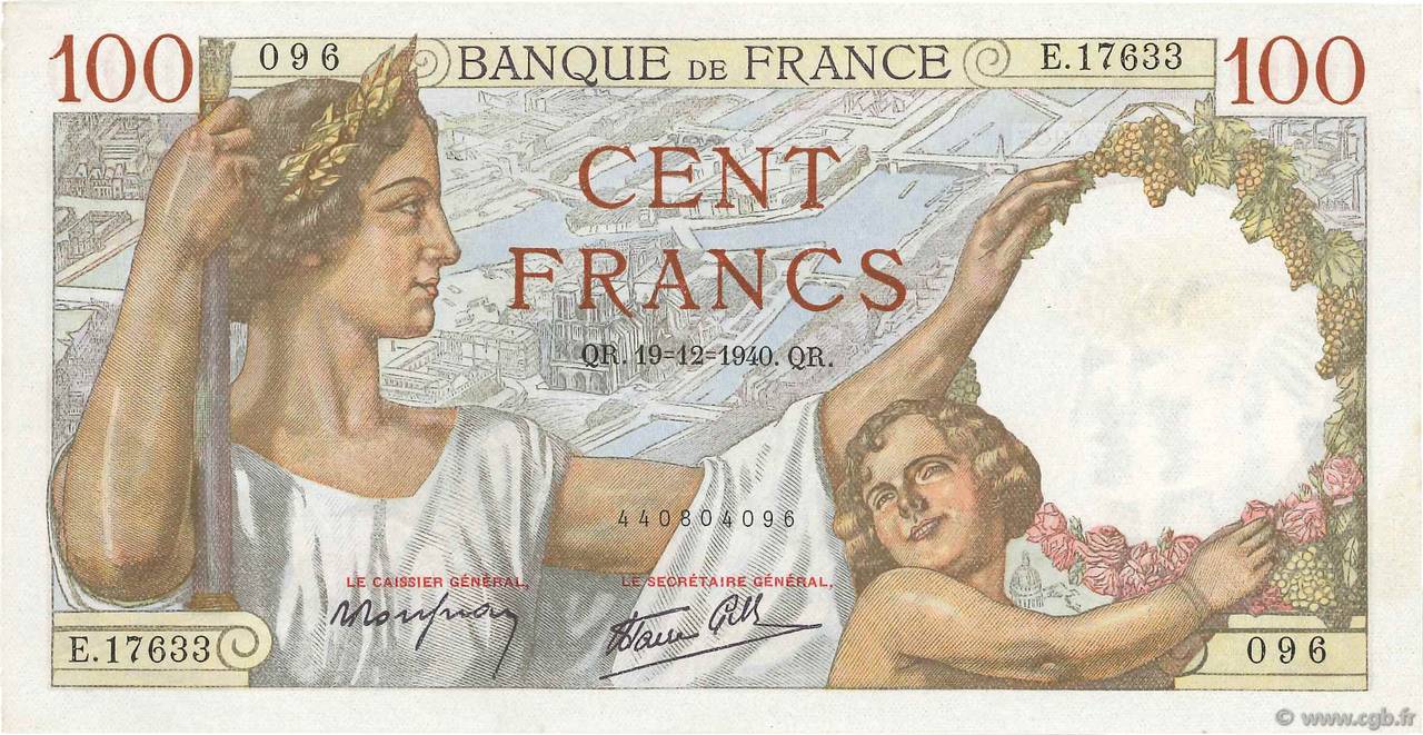 100 Francs SULLY FRANCIA  1940 F.26.43 q.AU