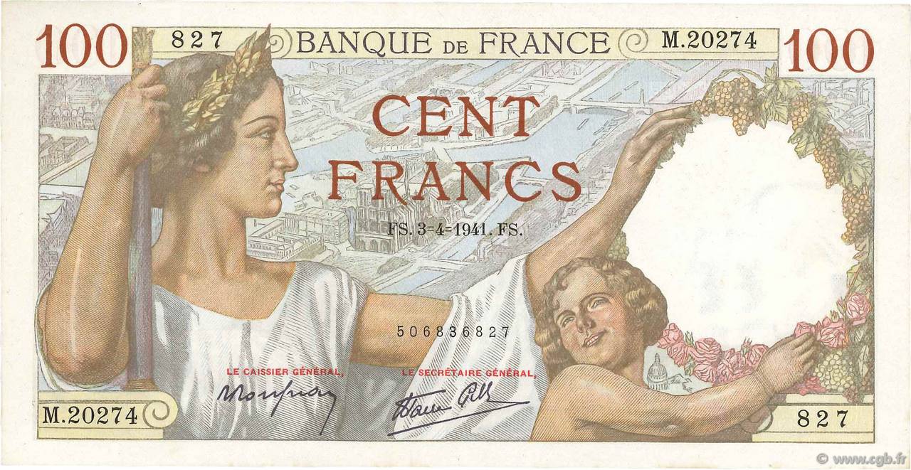 100 Francs SULLY FRANCE  1941 F.26.49 UNC