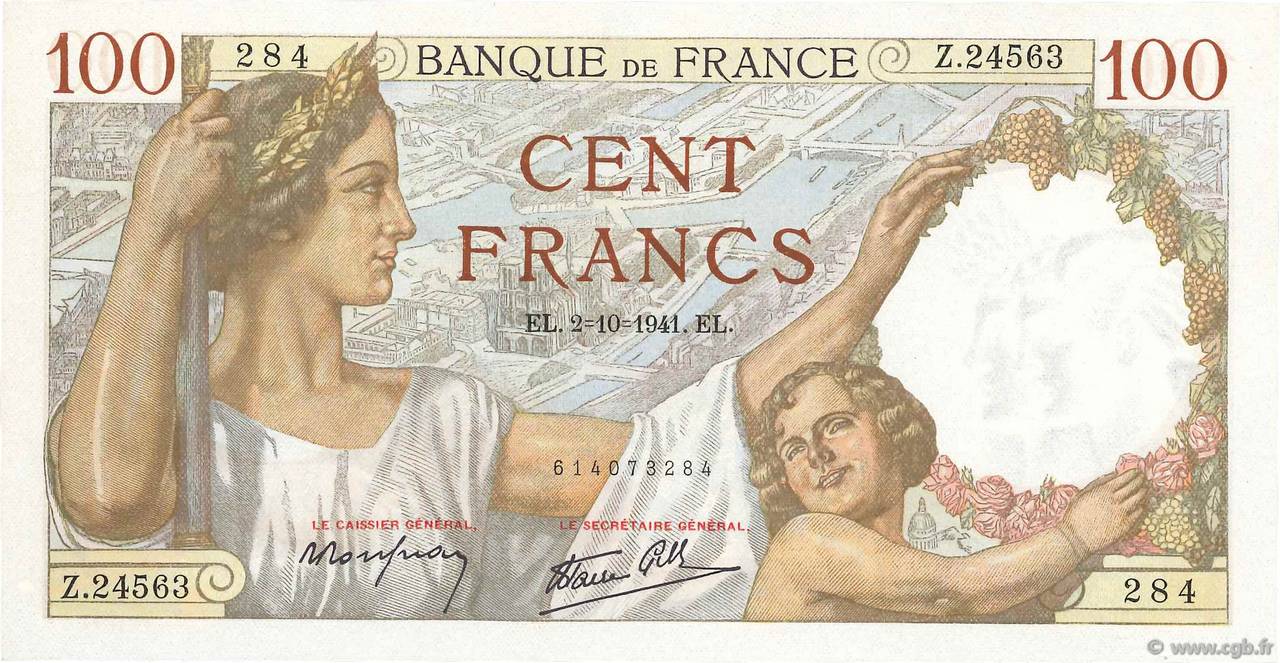 100 Francs SULLY FRANCE  1941 F.26.58 UNC