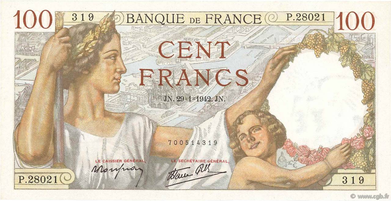 100 Francs SULLY FRANCIA  1942 F.26.65 AU+