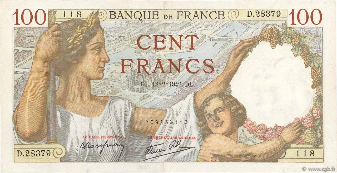 100 Francs SULLY FRANKREICH  1942 F.26.66 SS