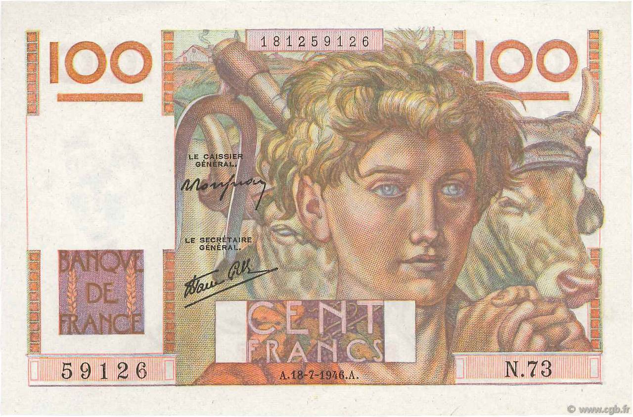100 Francs JEUNE PAYSAN FRANCIA  1946 F.28.07 q.FDC
