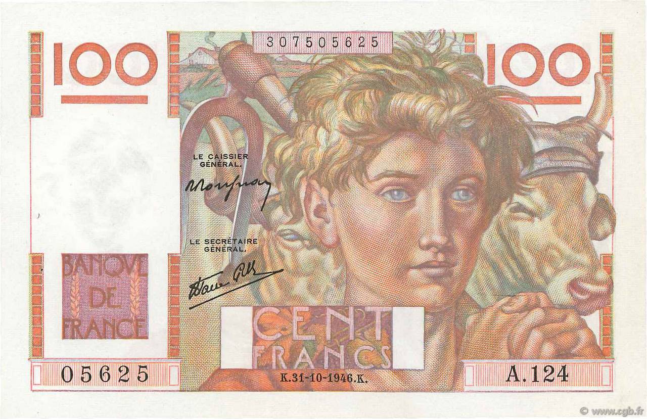 100 Francs JEUNE PAYSAN FRANCE  1946 F.28.10 XF+