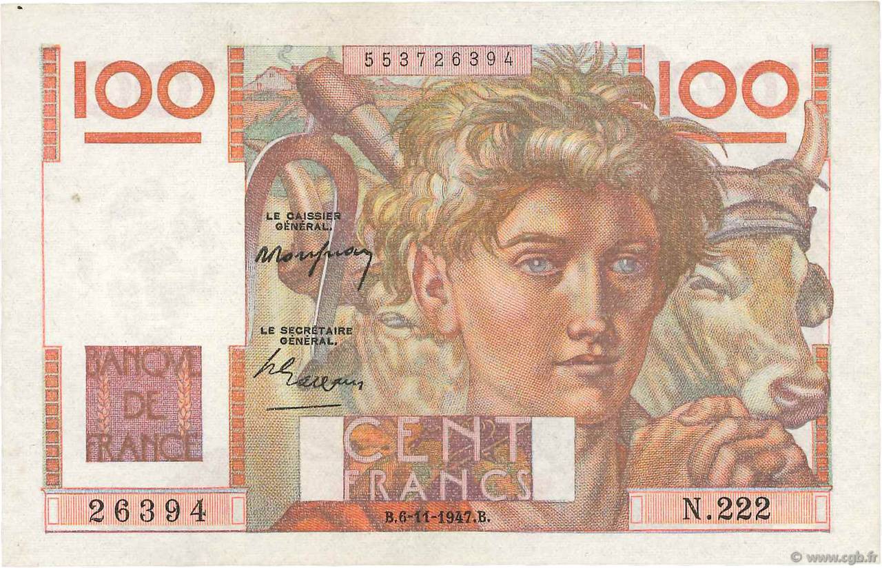 100 Francs JEUNE PAYSAN FRANCE  1947 F.28.16 XF+