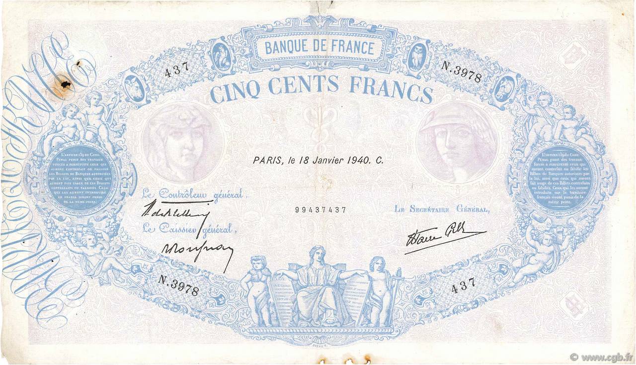 500 Francs BLEU ET ROSE modifié FRANCIA  1940 F.31.57 q.MB