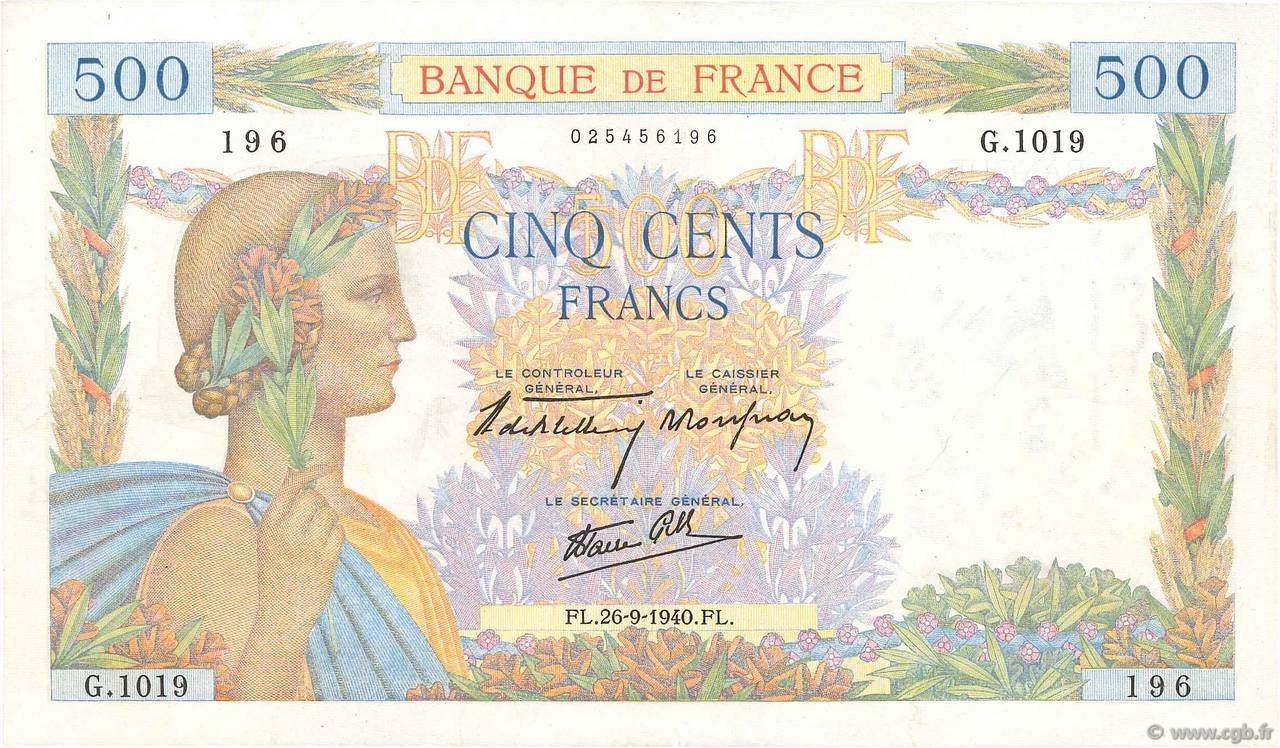 500 Francs LA PAIX FRANCE  1940 F.32.06 XF-