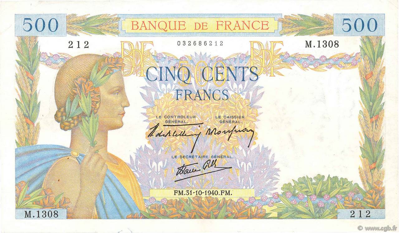 500 Francs LA PAIX FRANCE  1940 F.32.08 VF