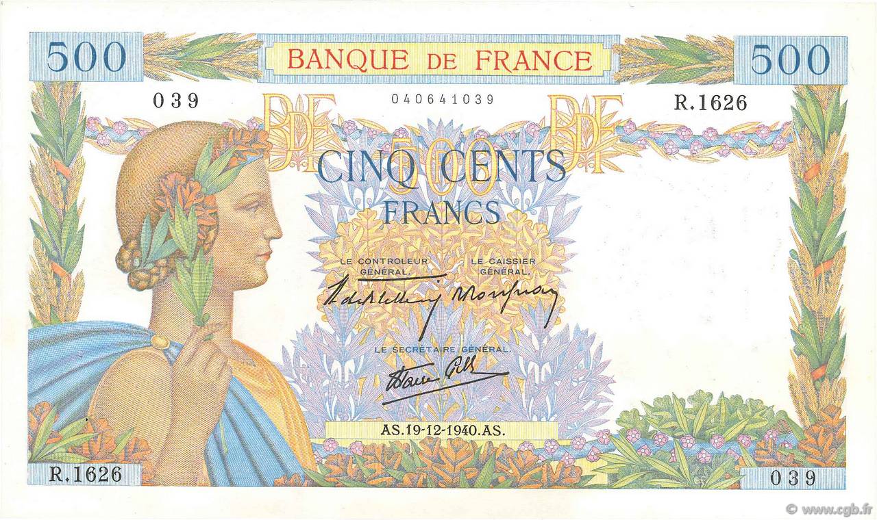 500 Francs LA PAIX FRANKREICH  1940 F.32.11 VZ