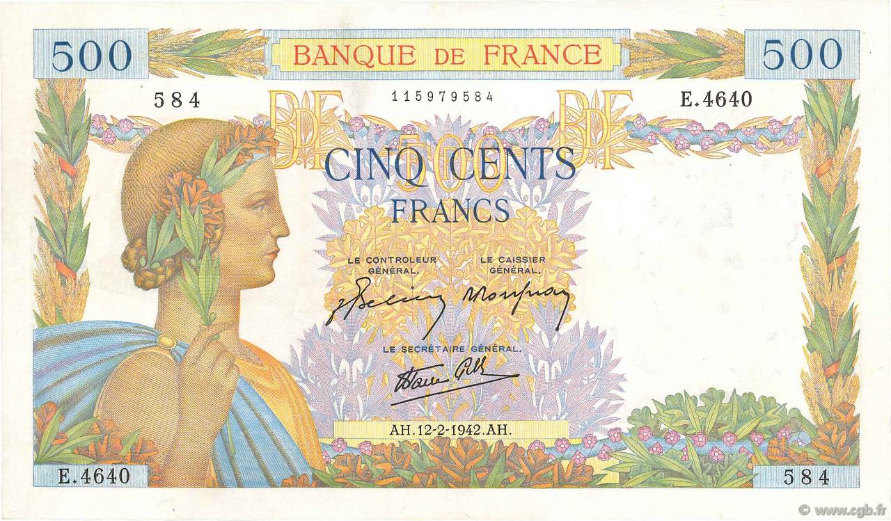 500 Francs LA PAIX FRANCIA  1942 F.32.29 q.SPL