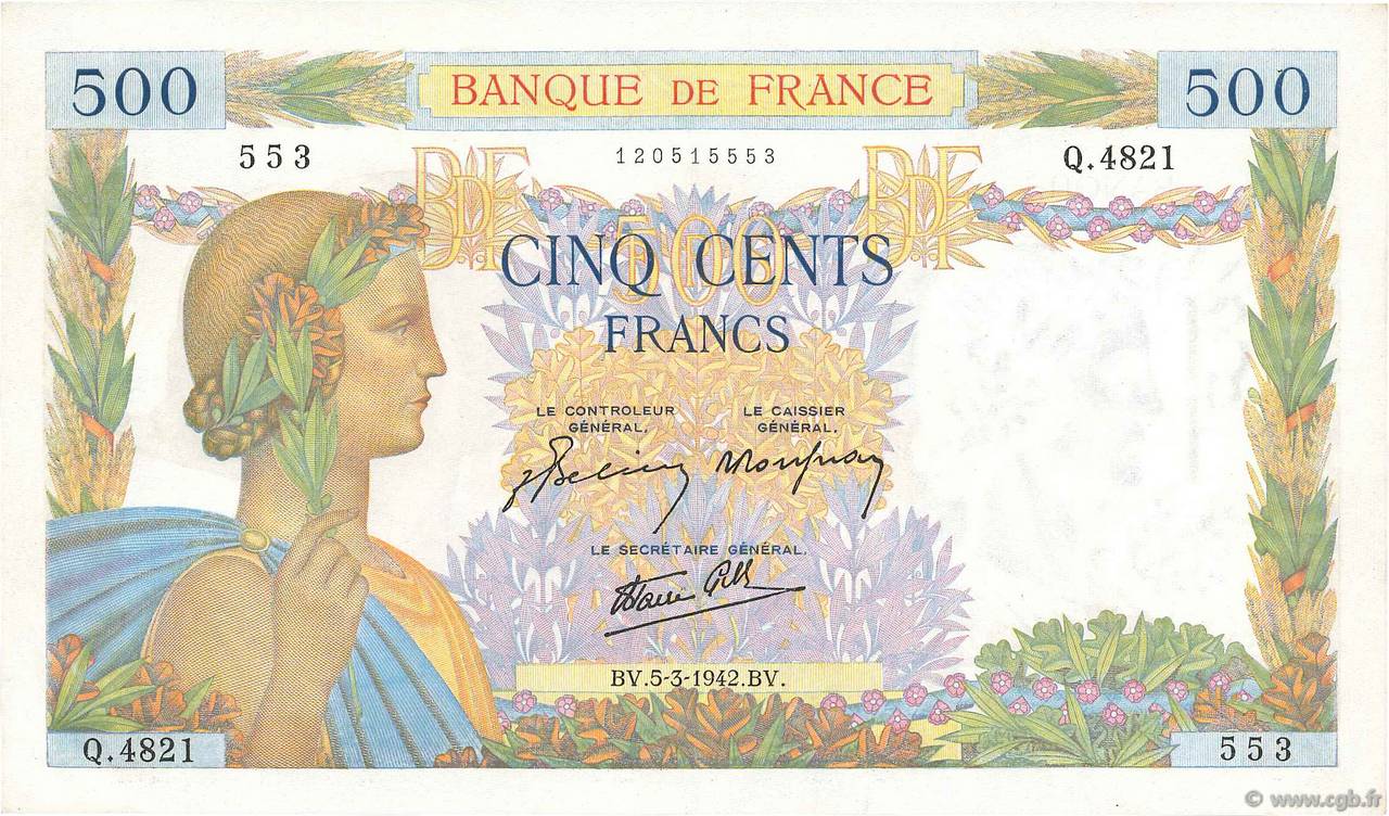 500 Francs LA PAIX FRANCIA  1942 F.32.30 EBC+