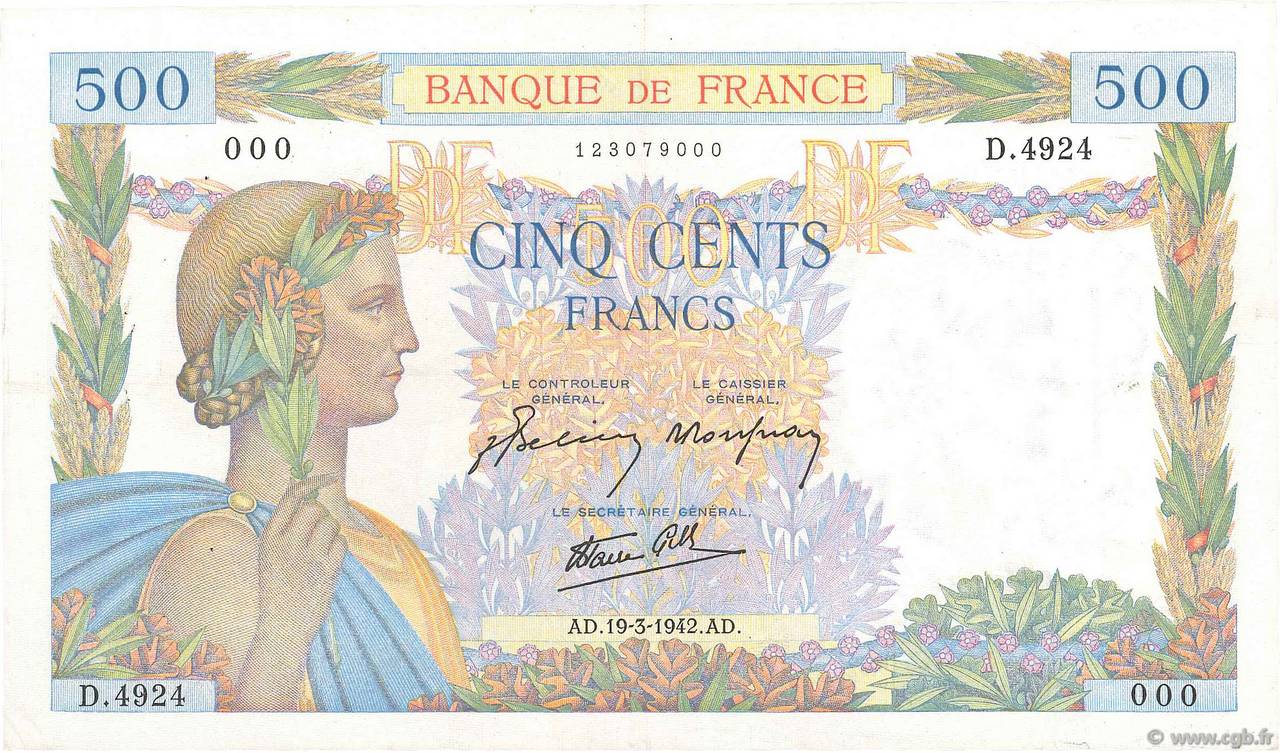 500 Francs LA PAIX FRANCE  1942 F.32.31 VF