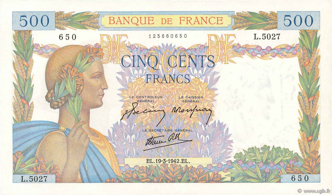 500 Francs LA PAIX FRANCIA  1942 F.32.31 MBC+