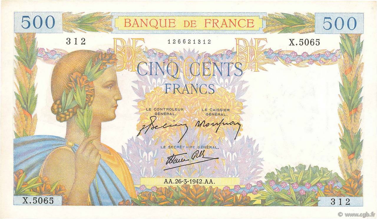500 Francs LA PAIX FRANKREICH  1942 F.32.32 fST