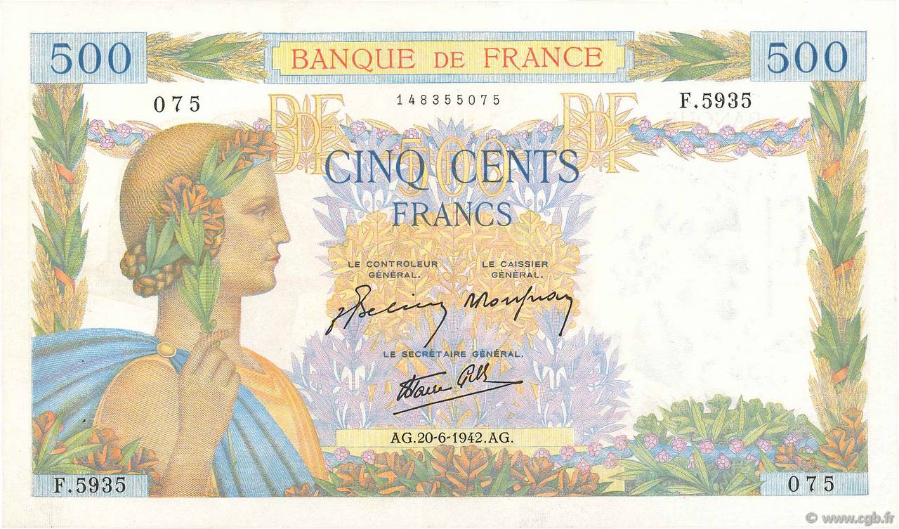 500 Francs LA PAIX FRANCIA  1942 F.32.35 q.SPL