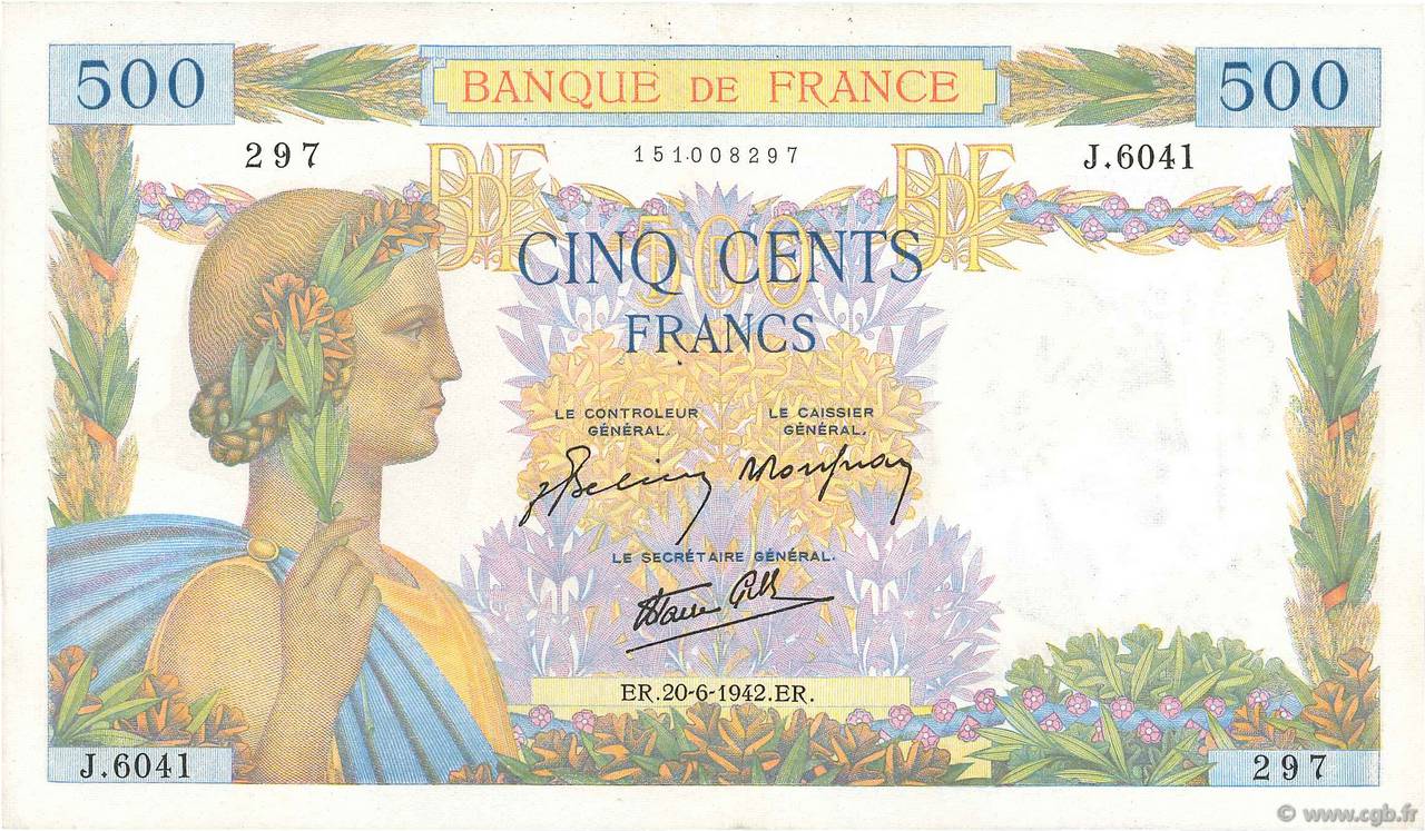 500 Francs LA PAIX FRANCIA  1942 F.32.35 MBC+